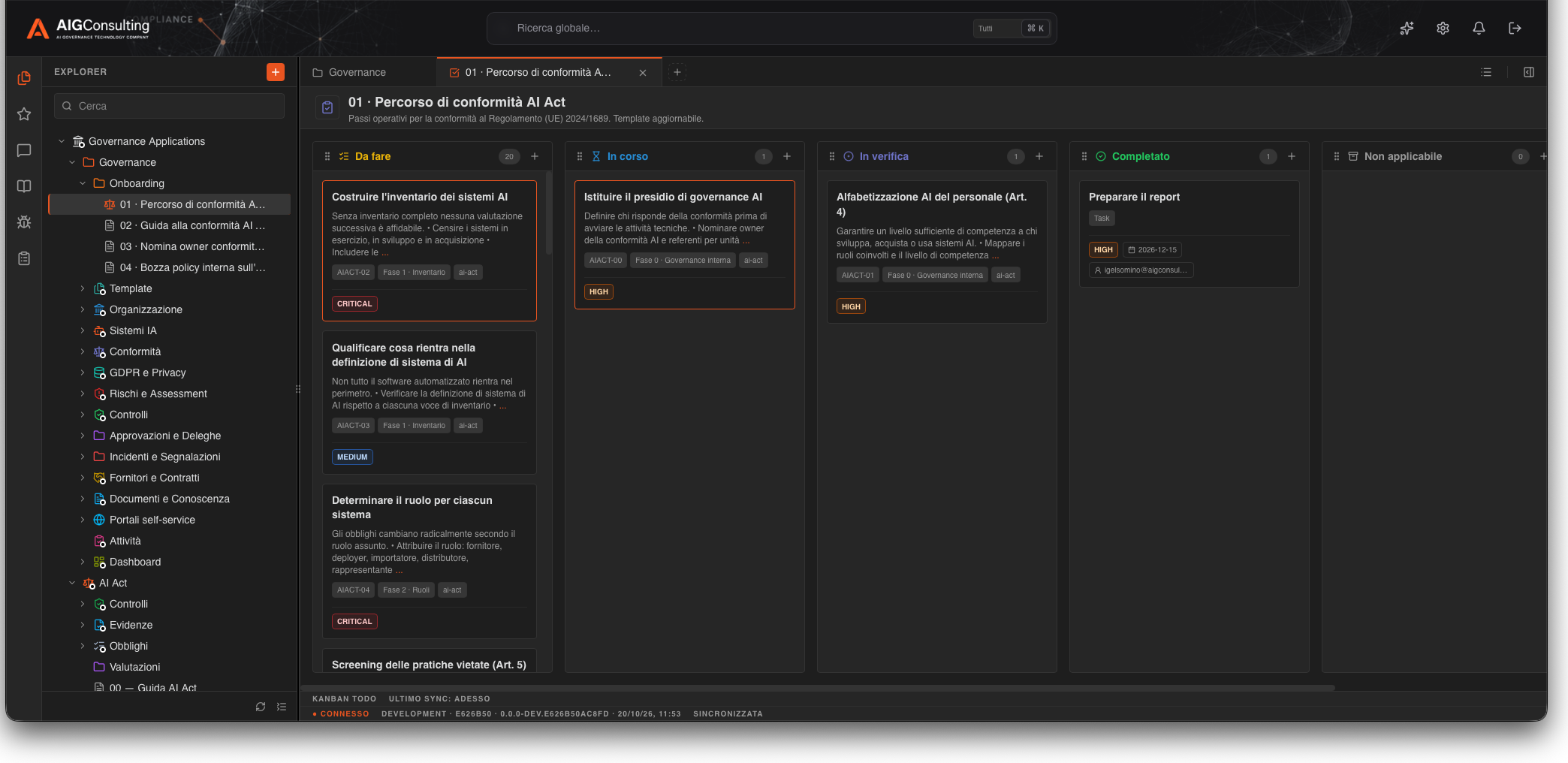 Kanban del percorso di conformità AI Act con attività, priorità e stati di avanzamento