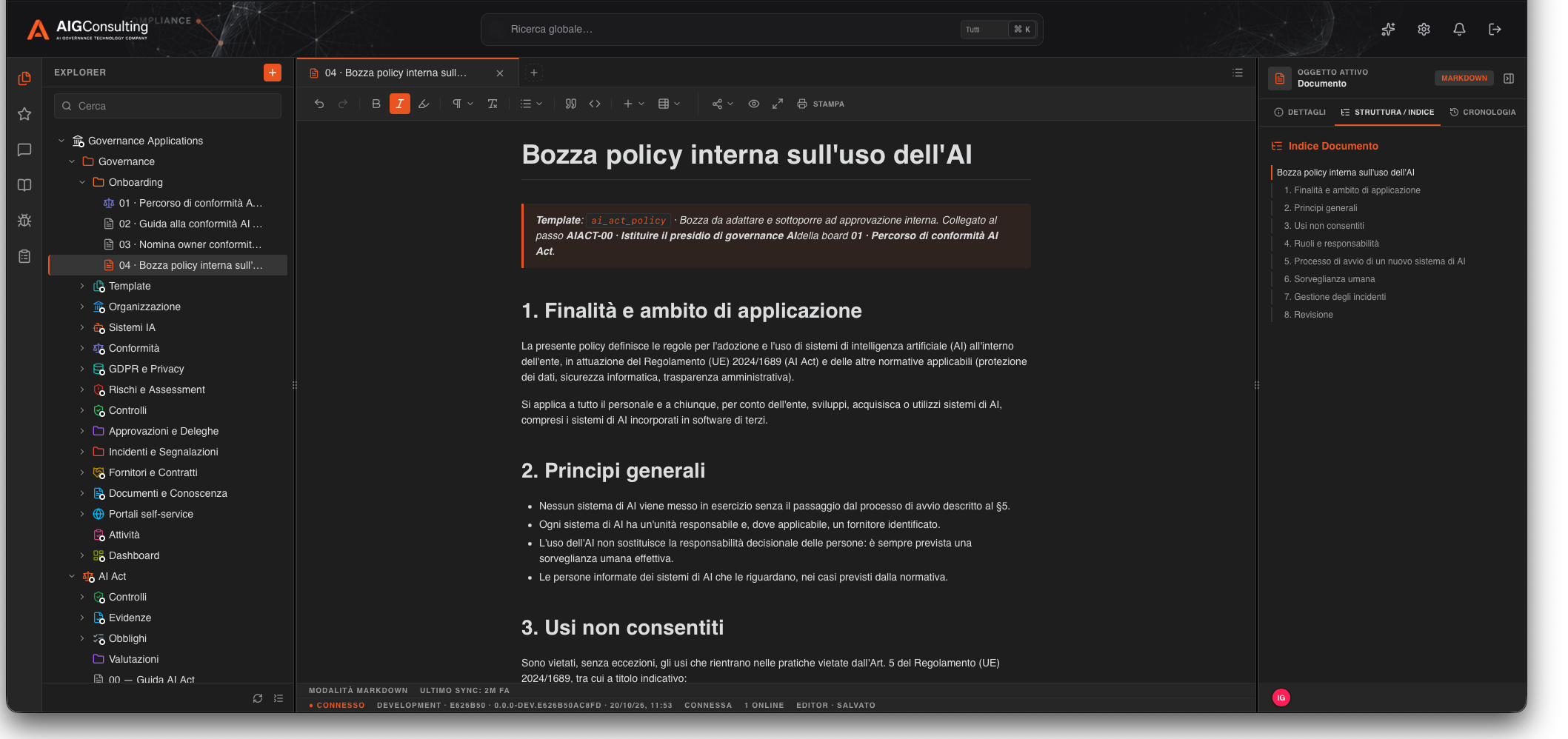 Editor Markdown della bozza di policy AI e indice dei capitoli